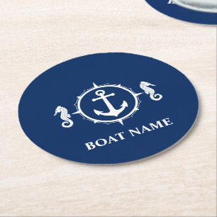 Your Boat Name Seahorse Anchor Blue Coaster
