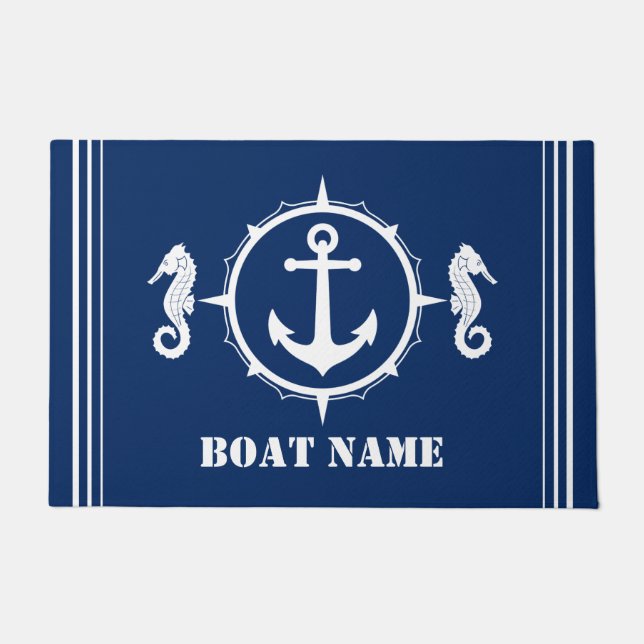 Your Boat Name Seahorse Anchor Blue Entryway Doormat (Front)