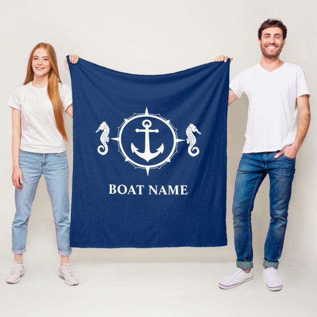 Your Boat Name Seahorse Anchor Blue Fleece Blanket (In Situ)