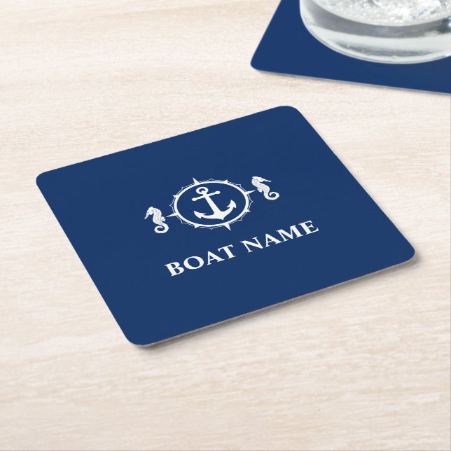 Your Boat Name Seahorse Anchor Blue Square Paper Coaster (Angled)