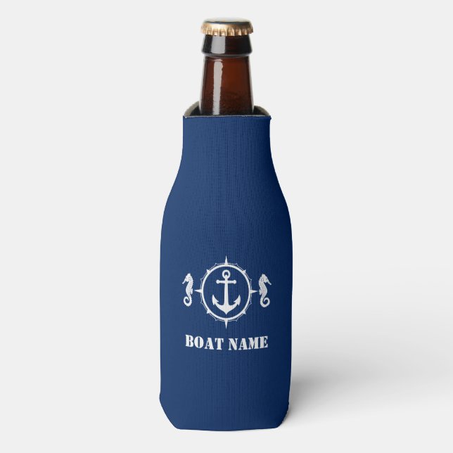 Your Boat Name Seahorse Anchor Navy Blue 00a Bottle Cooler (Bottle Front)