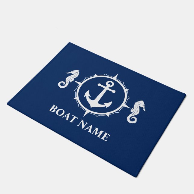 Your Boat Name Seahorse Nautical Anchor Navy Blue Doormat (Angled)