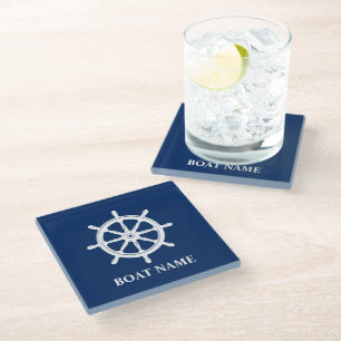 Your Boat Name & Ships Wheel Helm Glass Coaster