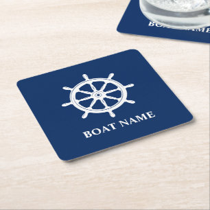 Your Boat Name Ships Wheel Helm Navy Blue Square Paper Coaster