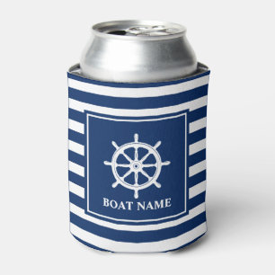 Your Boat Name Ships Wheel Helm Navy Striped Can Cooler