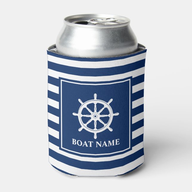 Your Boat Name Ships Wheel Helm Navy Striped Can Cooler (Can Front)