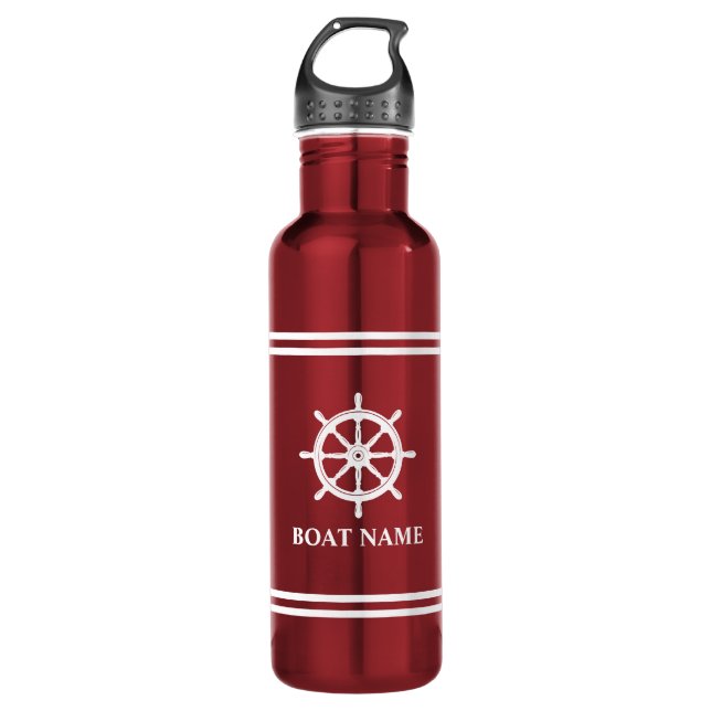 Your Boat Name Ships Wheel Helm, Striped Red 710 Ml Water Bottle (Front)