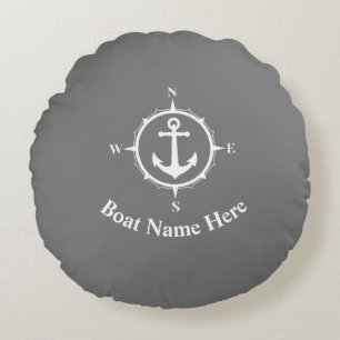 Your Boat Name With Compass Anchor On Gray Round Pillow