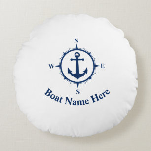 Your Boat Name With Compass Anchor Round Pillow