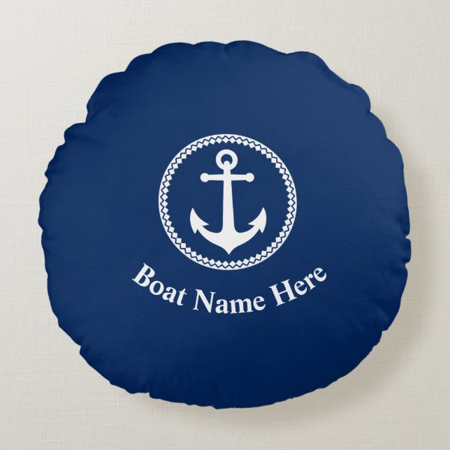 Your Boat Name With Sea Anchor Navy Blue Round Pillow (Front)