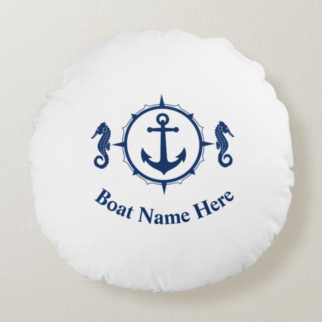 Your Boat Name With Seahorse Anchor Round Pillow (Front)