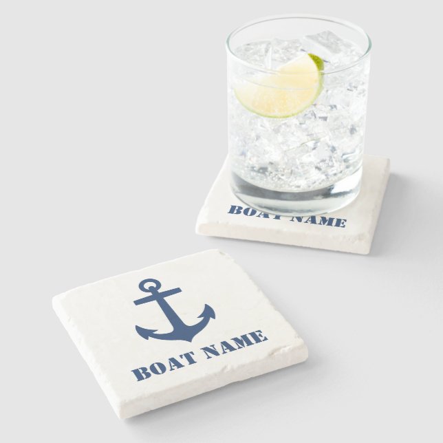 Your Boat or Family Name Anchor Navy blue Marble Stone Coaster (Side)