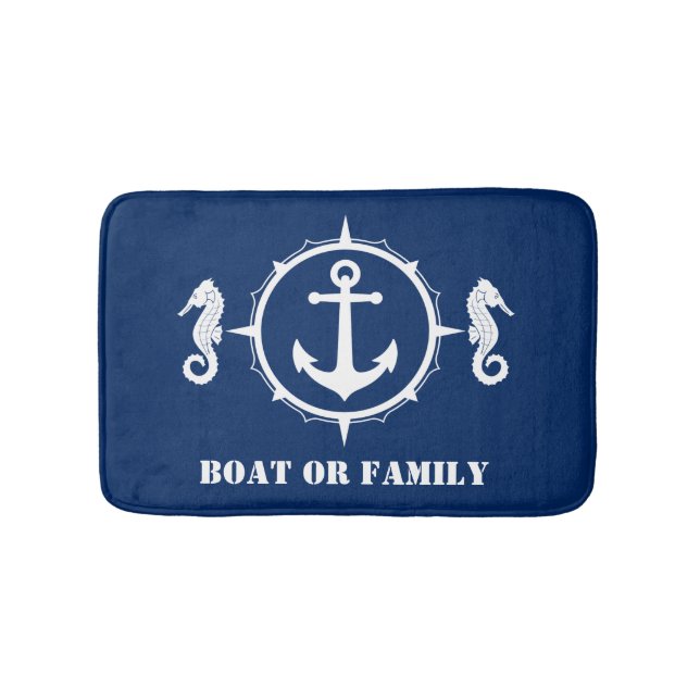 Your Boat or Family Name Seahorse Anchor Navy Blue Bath Mat (Front)