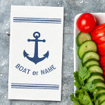 Your Boat or Family Name Vintage Anchor Stripes Napkin<br><div class="desc">Personalized paper guest towel party napkins with Your boat name, family name or other desired text. Featuring a custom designed vintage boat anchor and nautical rope stripes in navy blue on white or easily adjust the primary color to match your current theme. Great for birthdays, parties, holidays or any occasion....</div>