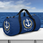 Your Boat or Name Anchor Gold Laurel Star Navy Duffle Bag<br><div class="desc">A nautical themed travel or gym duffel bag with your personalized name or boat name. This regal design features a boat anchor in white highlighted with gold coloured laurel leaves and a gold star. The bag colour is a rich navy blue or you can easily edit the design to any...</div>