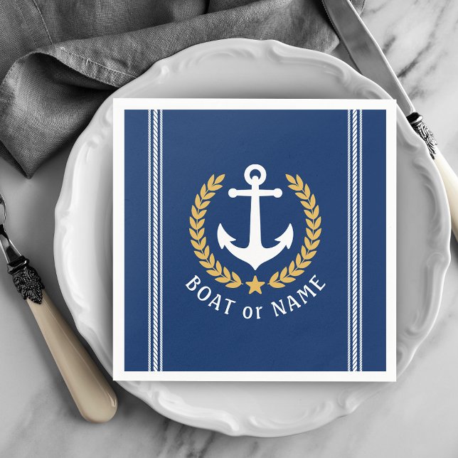 Your Boat or Name Anchor Gold Style Laurel Blue Napkin (Creator Uploaded)