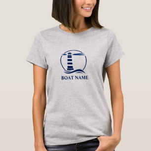 Your Boat or Name & Navy Nautical Lighthouse Gray T-Shirt