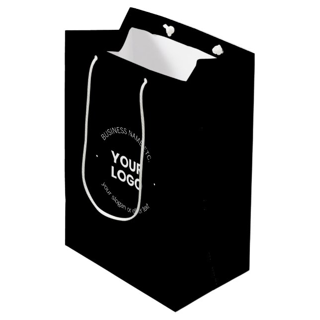 Your Business Logo & Editable Text | Black & White Medium Gift Bag (Front Angled)