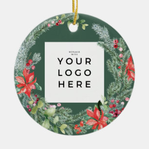 Your Business Logo Happiest Holidays Wreath Holly Ceramic Ornament