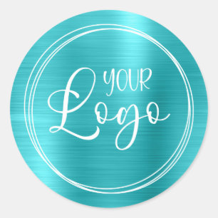 Your Business Logo Here Metallic Aqua Blue Classic Round Sticker
