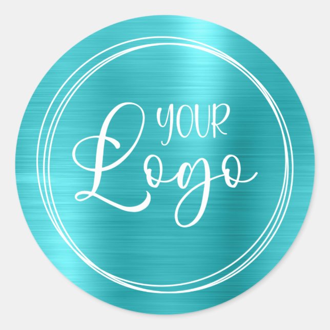 Your Business Logo Here Metallic Aqua Blue Classic Round Sticker (Front)