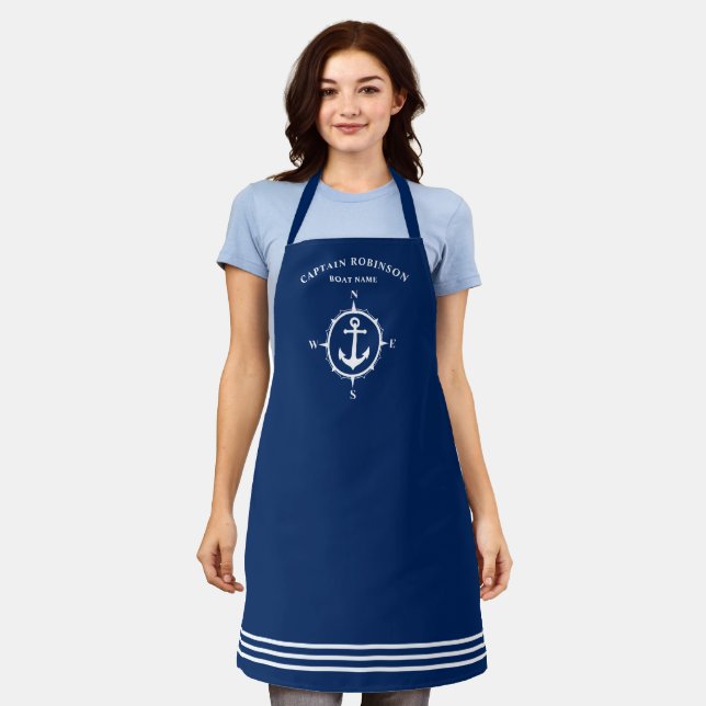 Your Captain and Boat Name Anchor Compass Navy Apron (Worn)