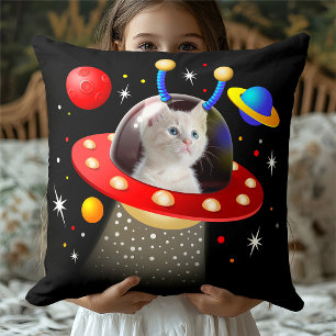 Your Cat in an Alien Spaceship UFO Sci Fi Scene Throw Pillow
