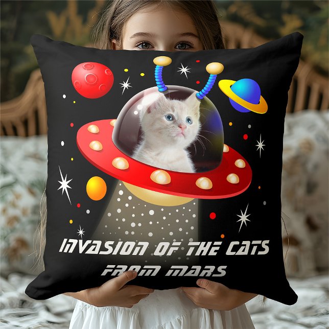 Your Cat in Funny Sci-Fi Cat UFO Space Alien Theme Throw Pillow (Creator Uploaded)