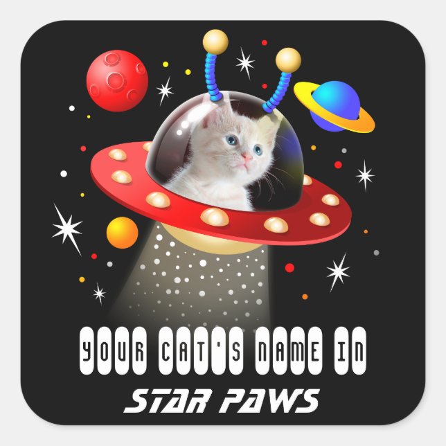 Your cats name and picture in a scifi UFO scene Square Sticker (Front)