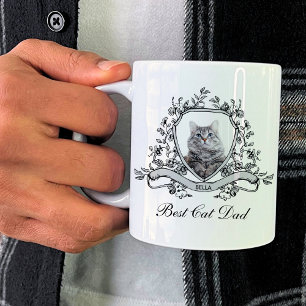 Your Cat's Photo in a Floral Crest   Best Cat Dad Coffee Mug