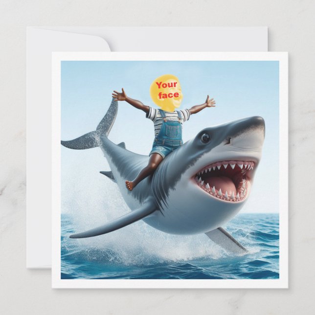 Your child riding a great white shark, shark blank card (Front)