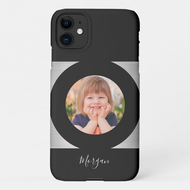 Your Child's Photo/Name, Blk Circle Silver, Black iPhone Case (Back)