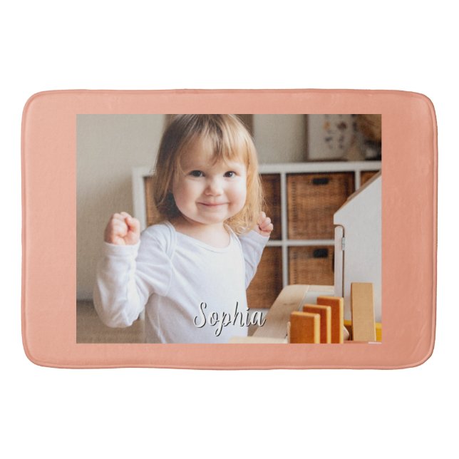 Your Child's Photo & Script Name, Peach Bath Mat (Front)