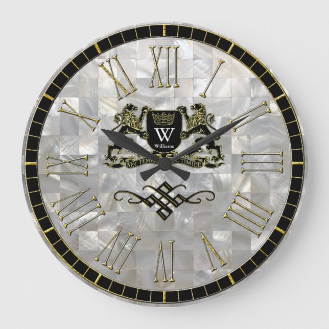Your Coat of Arms Monogram Mother of Pearl Large Clock (Front)