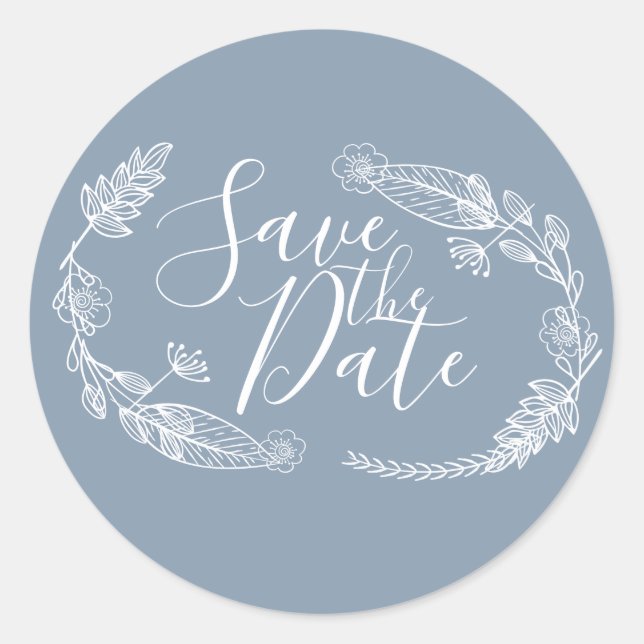 Your Colour Theme Dusty Blue Floral Save the Date Classic Round Sticker (Front)