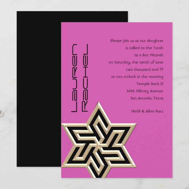 Your Colours Bat Mitzvah Large Gold Star of David Invitation (Front/Back)