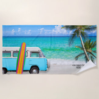 Your Company Logo Beach Blue Van & Surfboard Beach Beach Towel
