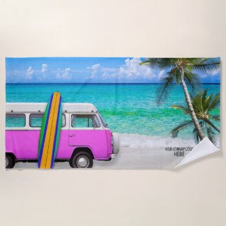 Your Company Logo Beach Pink Van & Surfboard Beach Towel
