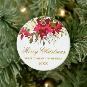 Your Company Watercolor Red Poinsettia Floral Gold Ceramic Ornament
