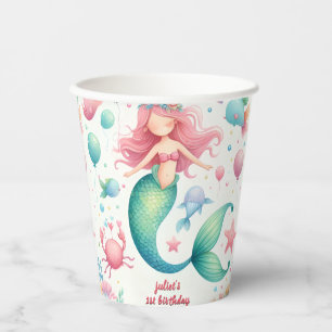 your cool fish sea blue mermaid ocean 1st Birthday Paper Cups