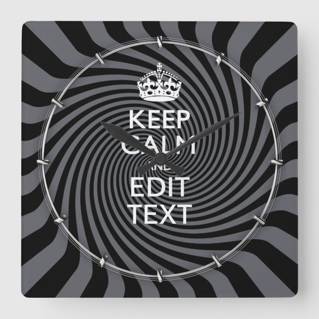 Your Custom Keep Calm Saying on Black Swirl Square Wall Clock (Front)