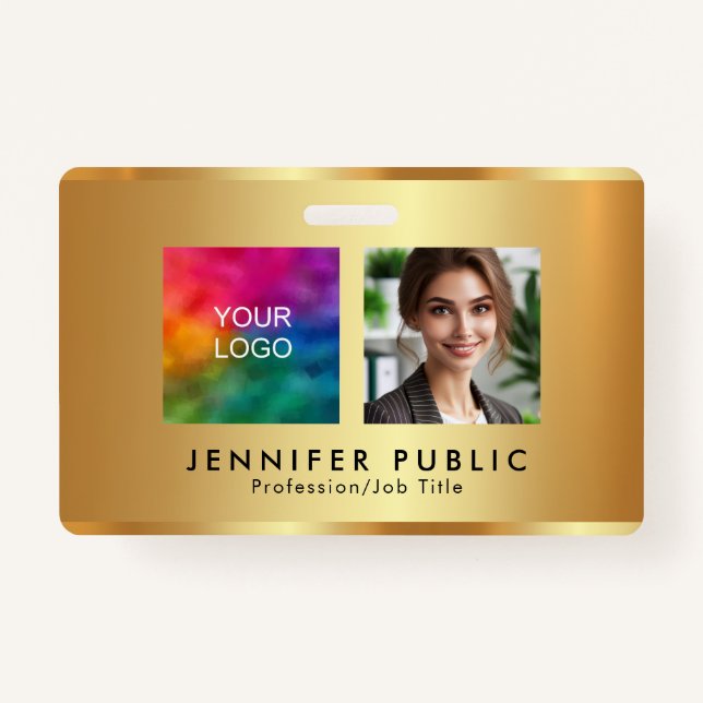Your Custom Photo Company Logo Name Gold Template Badge (Front)