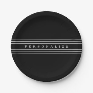 Your Custom Text & Modern Stripes   Black & White Paper Plate
