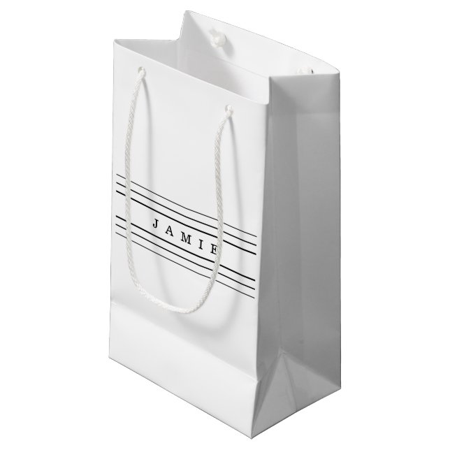 Your Custom Text & Modern Stripes | Black & White Small Gift Bag (Front Angled)