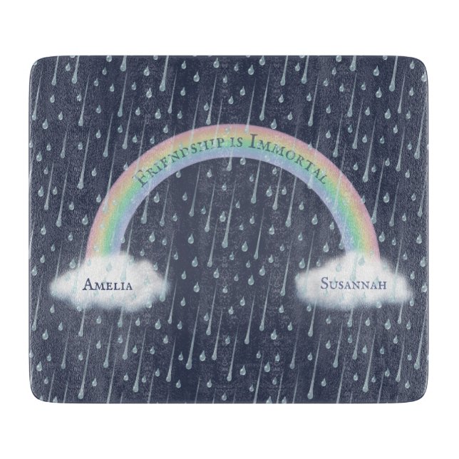 Your Custom Text on a Rainbow Arch & Clouds Cutting Board (Front)