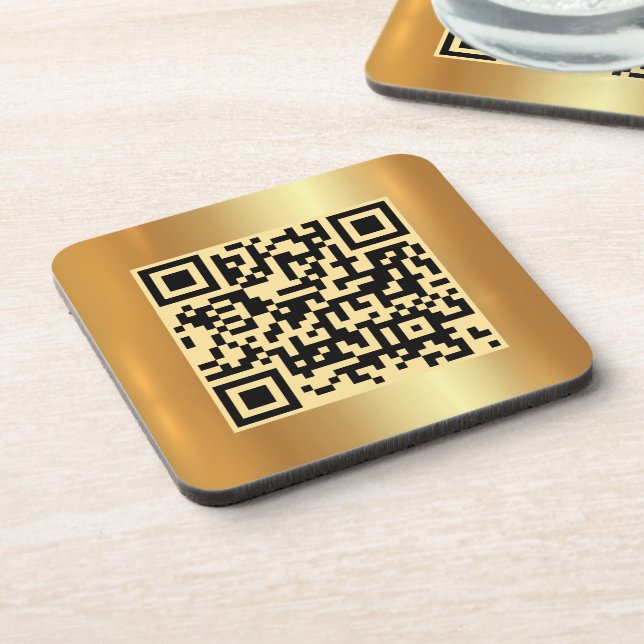 Your Custom Text QR Code Gold Logo Square Template Coaster (Left Side)
