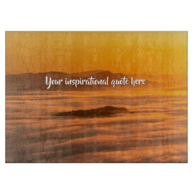 Your custom text sunrise above foggy landscape cutting board (Front)