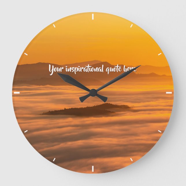 Your custom text sunrise above foggy landscape large clock (Front)