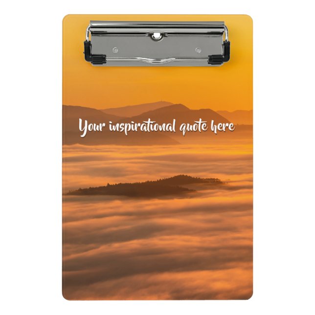 Your custom text sunrise above foggy landscape mini clipboard (Front)