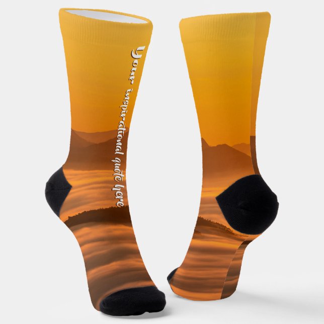 Your custom text sunrise above foggy landscape socks (Angled)